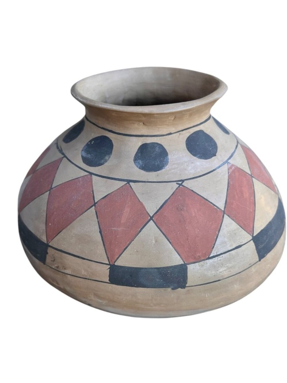 Mata Ortiz Handmade Pot Ceramic Geometric Red & Black Design 8" D X 6.5" T Gift